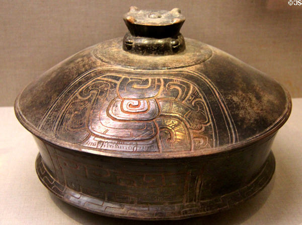Maya basal-flanged lidded vessel (4th-6thC) at de Young Museum. San Francisco, CA.