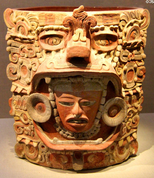 Maya burial urn or cache vessel (400-600) from Mexico or Guatemala at de Young Museum. San Francisco, CA.