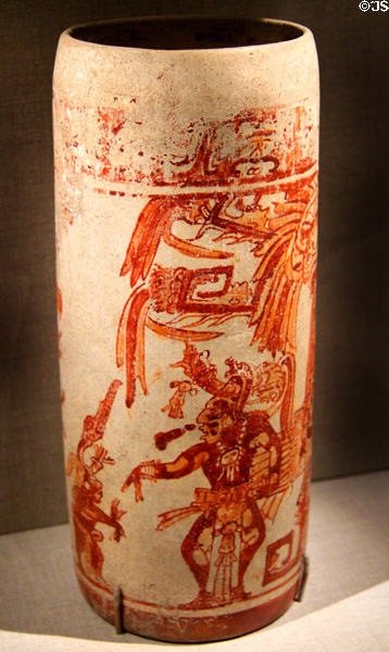 Maya earthenware cylinder vase with dancing Maize God (600-900) from Mexico at de Young Museum. San Francisco, CA.