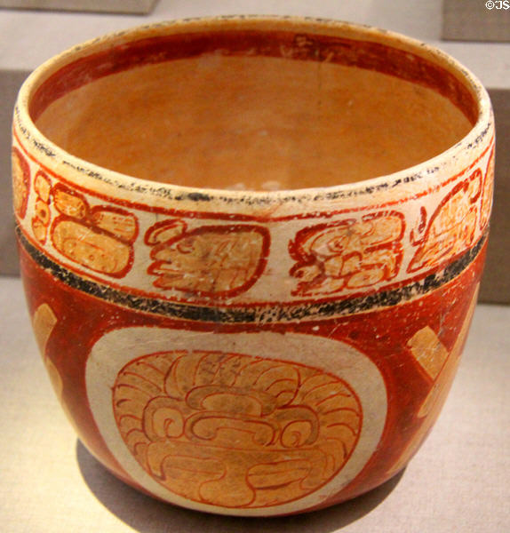 Maya earthenware bowl with glyphs (7th-9thC) from Mexico at de Young Museum. San Francisco, CA.