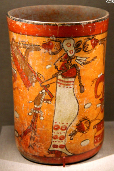 Maya earthenware vase with God N & female figure (7th-10thC) from Mexico or Guatemala at de Young Museum. San Francisco, CA.