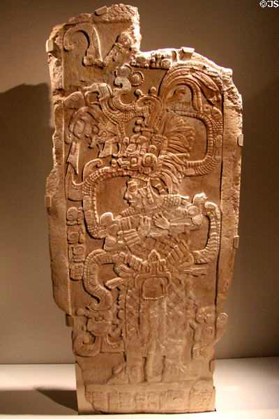 Maya limestone stela with Queen Ix Mutal Ahaw (761) from Mexico, Guatemala or Belize at de Young Museum. San Francisco, CA.