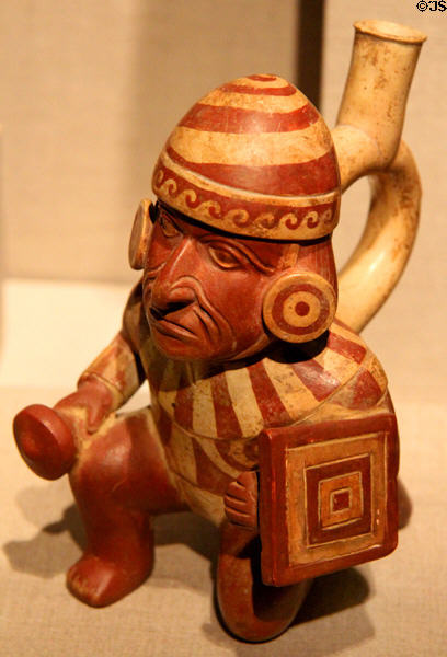 Moche earthenware kneeling warrior (400 BCE- 550 CE) from Peru at de Young Museum. San Francisco, CA.