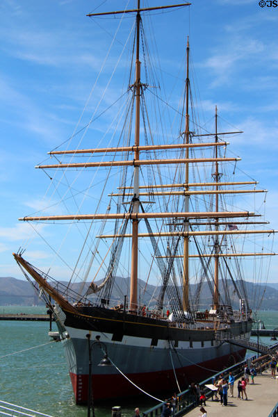 Three-masted Balclutha iron sailing vessel (1866) used to carry California grain to Europe at Maritime National Historical Park. San Francisco, CA.
