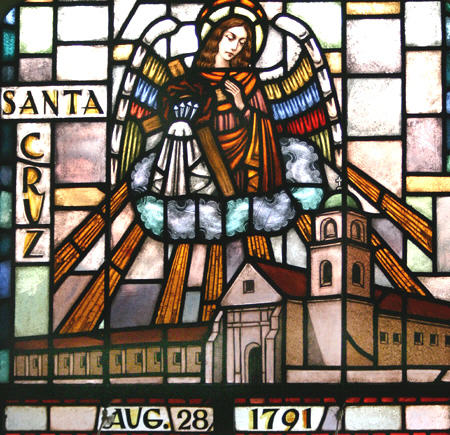Stained glass detail of Santa Cruz Mission. CA.