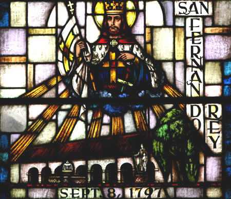 Stained glass detail of San Fernando Rey de España Mission. CA.