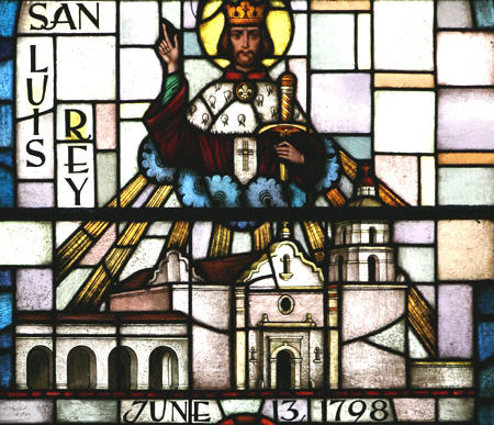 Stained glass detail of San Luis Rey de Francia Mission. CA.