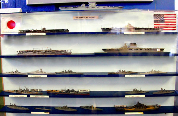 Models of World War II Japanese & American naval ships at Alameda Naval Air Museum. Alameda, CA.