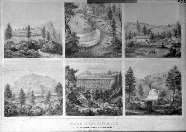 "Views of the New Ditch" a major engineering feat which supplied water to the county, poster by F. Holtzmann of Columbia, Tuolumne Co. at Tuolumne County Museum. Sonora, CA.