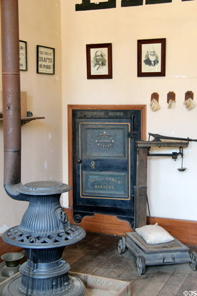 Heating stove, Holman & Fernald safe & weigh scale in Wells Fargo & Co's Express office at Columbia State Historic Park. Columbia, CA.