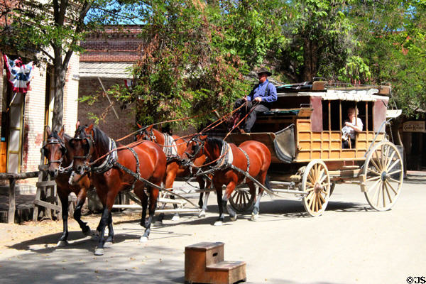 Stage coach & horses used to transport visitors around Columbia State Historic Park. Columbia, CA.