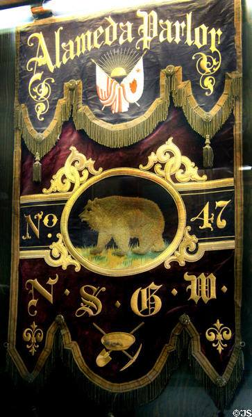Alameda Parlor banner, used to identify chapters & officers, in Native Sons of the Golden West Exhibit at Columbia State Historic Park. Columbia, CA.
