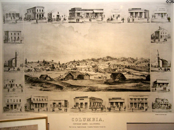 Lithographs of early buildings of Columbia published (1855) by Towle & Leavitt in Columbia Museum at Columbia State Historic Park. Columbia, CA.