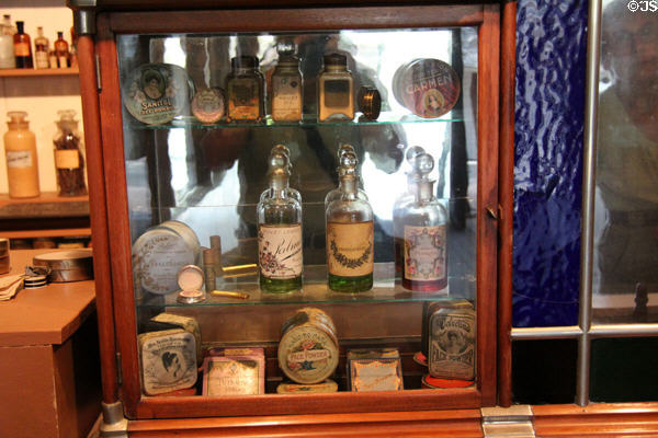 Display of scents & face powders in drug store at Columbia State Historic Park. Columbia, CA.
