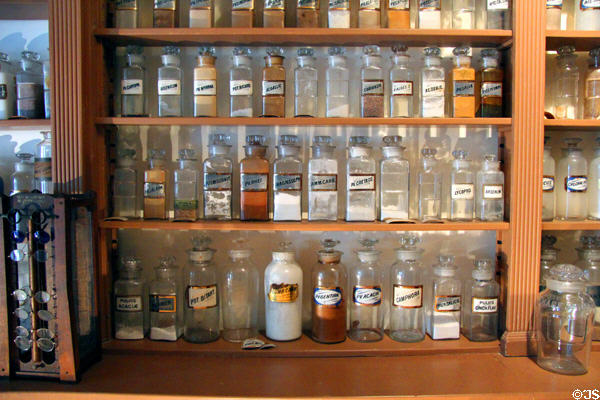 Pharmaceutical jars on shelves of drug store at Columbia State Historic Park. Columbia, CA.
