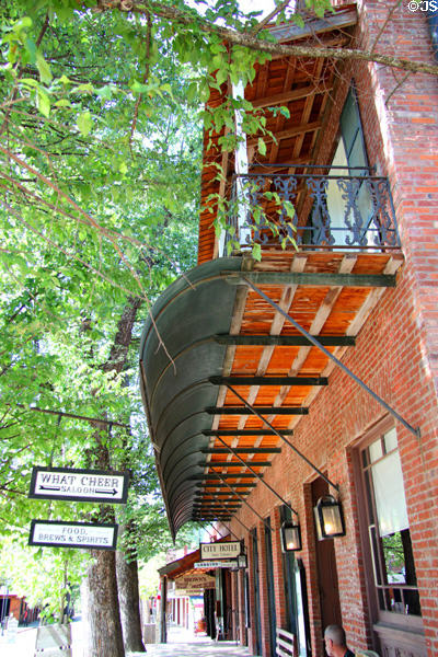 Balcony awning over sidewalk in front of City Hotel on Main St. at Columbia State Historic Park. Columbia, CA.
