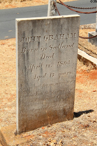 Tombstone, dated 1864, of John Graham born in Scotland & died at Age 15 in Columbia cemetery at Columbia State Historic Park. Columbia, CA.