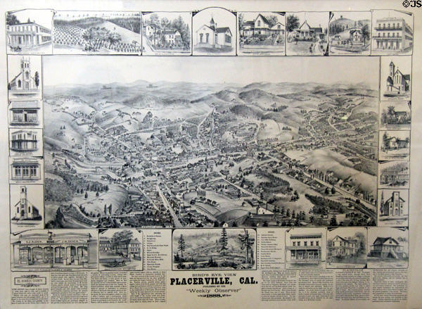 Lithograph of Placerville (c1888) published by the Weekly Observer at Fountain & Tallman Museum. Placerville, CA.