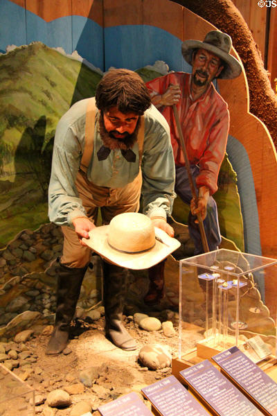 Diorama of Marshall & Sutter attempting to stake the first gold discovery claim in museum at Marshall Gold Discovery SHP. Coloma, CA.