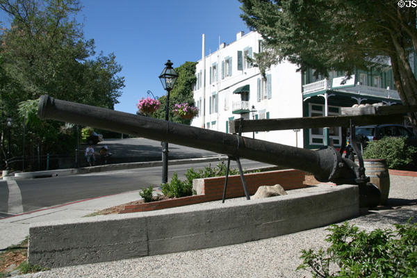 Placer mining water nozzle beside National Hotel (211 Broad St.). Nevada City, CA.