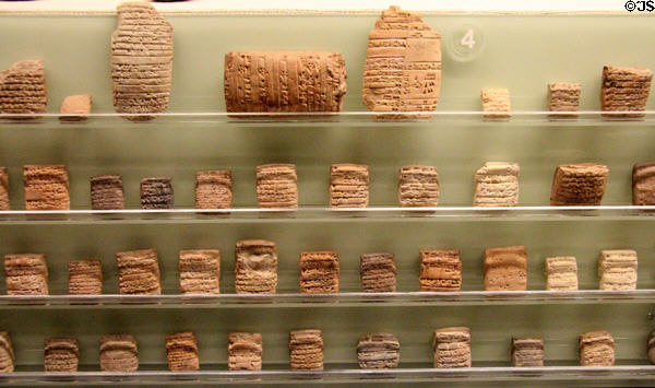 Collection of ancient cuneiform clay tablets from Mesopotamia at Rosicrucian Egyptian Museum. San Jose, CA.