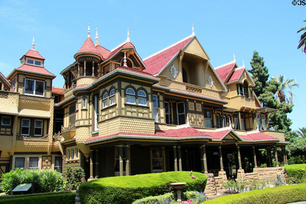 Winchester House built (1884-1922) under direction of Sarah Winchester, widow of rifle manufacturer William Winchester. San Jose, CA. Style: Victorian. On National Register.