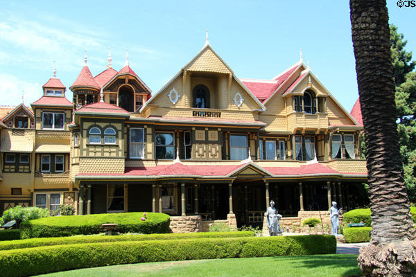 Winchester House ended up with 160 rooms because Sarah Winchester believed that continual building was only way of escaping ghosts killed by her husband's rifles. San Jose, CA.