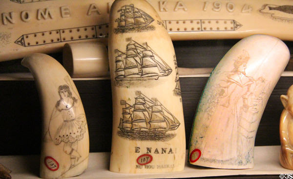 Whale tooth scrimshaw at Pardee Home Museum. Oakland, CA.