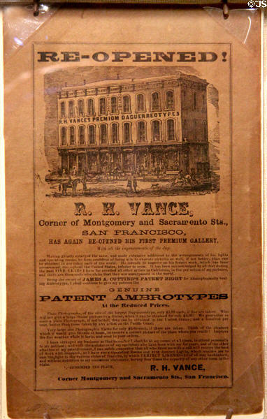 Ad for R.H. Vance daguerreotype gallery in San Francisco (c1850s) at Oakland Museum of California. Oakland, CA.