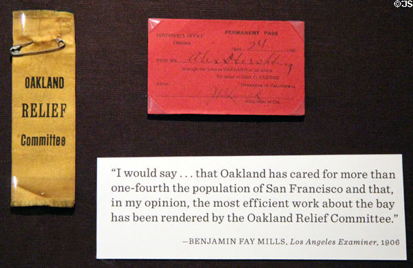 Ribbon & pass of Oakland Relief Committee for San Francisco earthquake of 1906 at Oakland Museum of California. Oakland, CA.