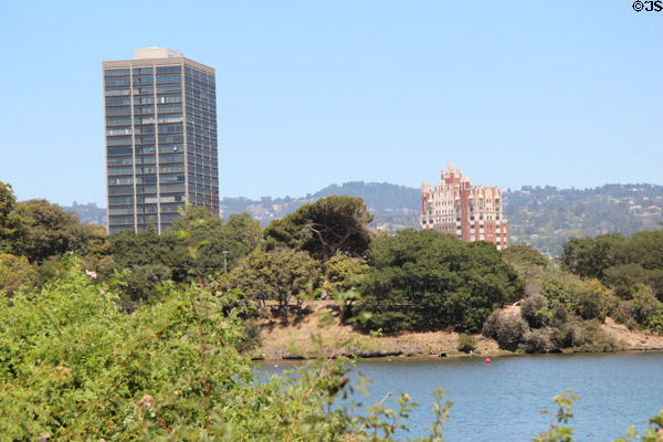 Park Bellevue Tower & Bellevue-Staten Building over Lake Merritt. Oakland, CA.