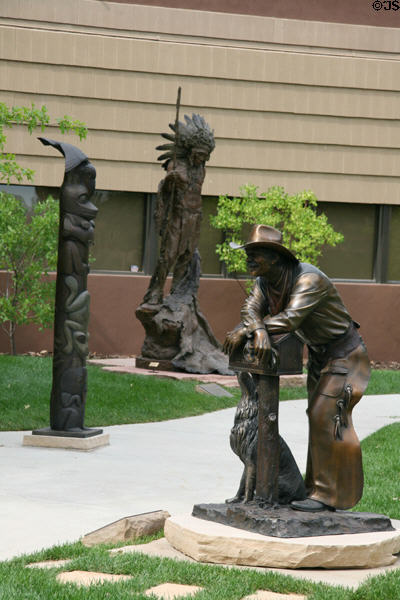 Many aspects of old West sculpted at Leanin' Tree Museum. Boulder, CO.