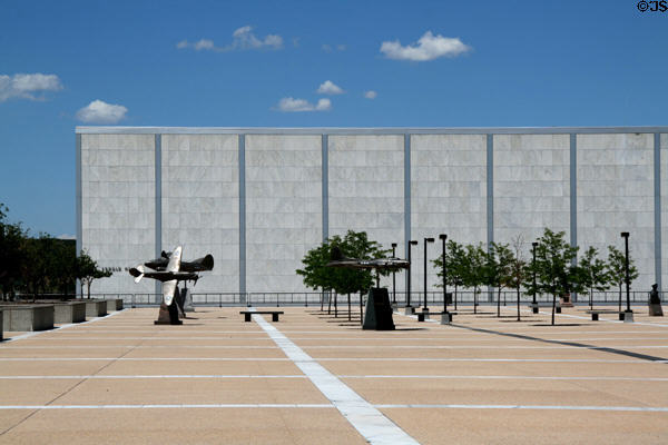 Arnold cadet social hall beyond sculpted model aircraft on Honor Court at Air Force Academy. Colorado Springs, CO.