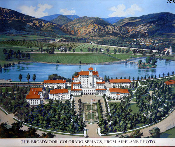 Broadmoor Hotel graphic after 1921 photo taken from airplane. Colorado Springs, CO.
