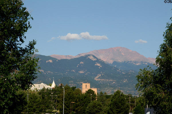 View of Pike's Peak over Colorado Springs. Manitou Springs, CO.