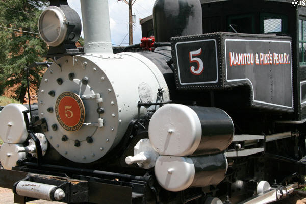 Front end details of Pike's Peak Cog Railway Steam locomotive #5. Manitou Springs, CO.