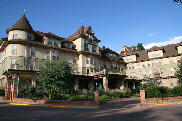 Cliff House Inn (1873) (306 Cañon Ave.) started serving gold miners, then tourists for mineral waters & Pike's Peak. Manitou Springs, CO. On National Register.