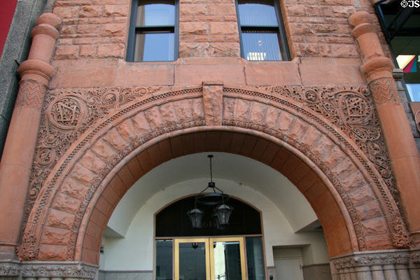 Original carved stone arch of 1889 Masonic Building. Denver, CO.