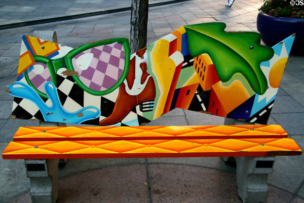 Art in the Streets painted bench with cowboy boot theme (c1992). Denver, CO.