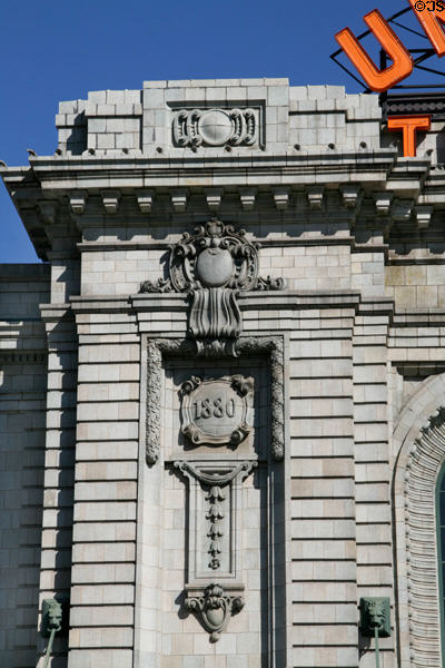 Beaux Arts detail giving 1889 year of first rail station. Denver, CO.