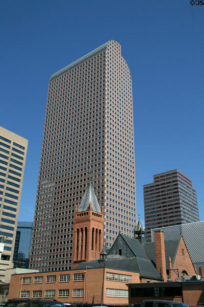 Wells Fargo Center over tower of Central Presbyterian Church. Denver, CO.