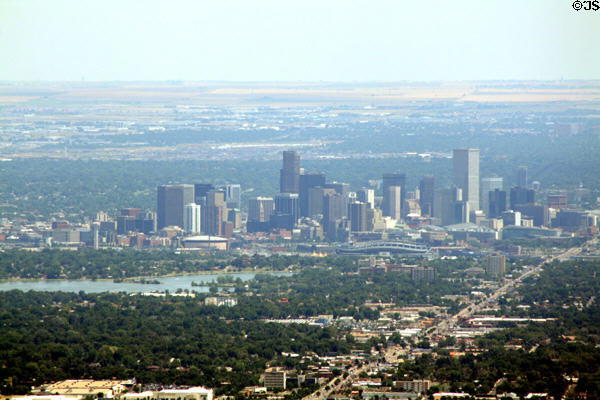 Skyline of Denver from mountains to West. Denver, CO.