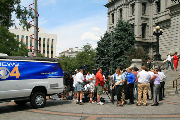 News conference on steps of Colorado State Capitol. Denver, CO.