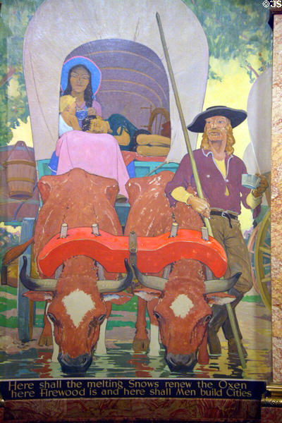 Settlers in ox-drawn wagon mural (1940) by Alan True in rotunda of Colorado State Capitol. Denver, CO.