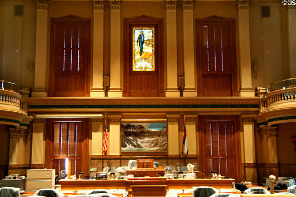 House of Representative chamber of Colorado State Capitol with stained glass portrait of former slave Barney Ford who rose to a power in Colorado. Denver, CO.