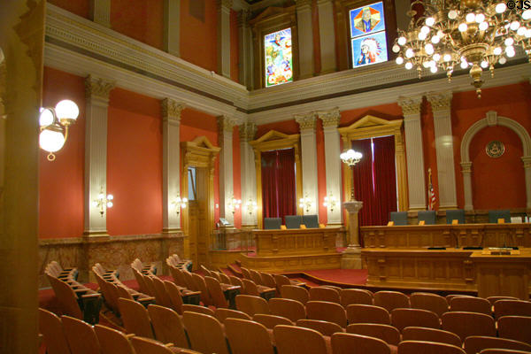 Old Supreme Court Chambers with heritage cultures window showing groups important in state's development at Colorado State Capitol. Denver, CO.