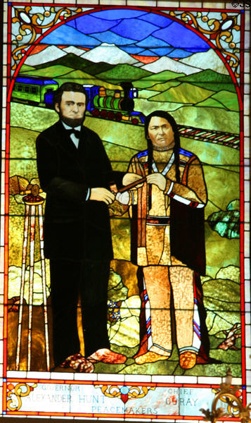Governor Alexander Hunt & Ute Chief Ouray make peace in stained-glass portrait in Old Supreme Court at Colorado State Capitol. Denver, CO.