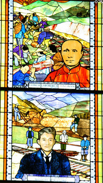 Political leader Chin Lin Sou who bettered the lot of Chinese rail workers & Naoichi "Harry" Hokazono who lead Japanese workers in developing Colorado in stained-glass portraits in Old Supreme Court at Colorado State Capitol. Denver, CO.