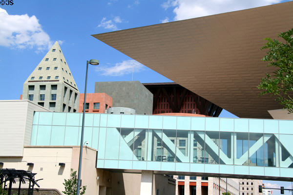 Pedestrian bridge between wings of Denver Art Museum. Denver, CO.
