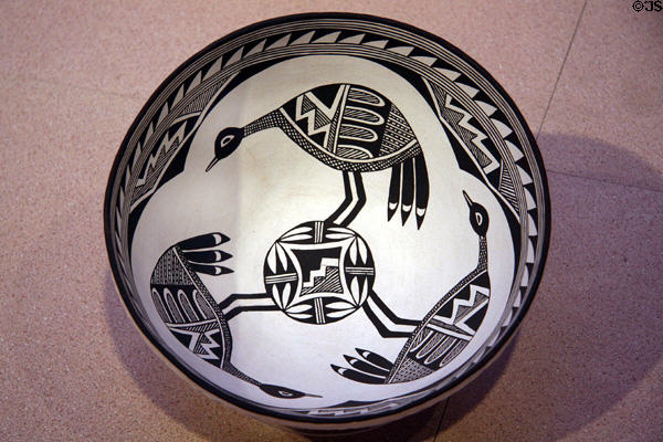 Acoma Pueblo painted clay bowl with birds (1981) by Grace Chino at Denver Art Museum. Denver, CO.